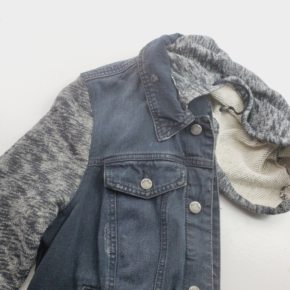 Free People Women Denim Black Jacket Large Mixed Media Hooded Lightly distressed - Picture 4 of 12